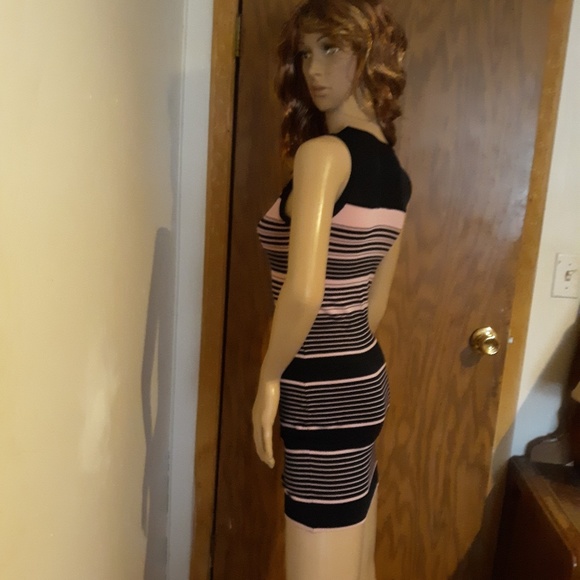 NWOT! Form Fitting Dress Sheer Black Pink Stripes - Picture 7 of 8